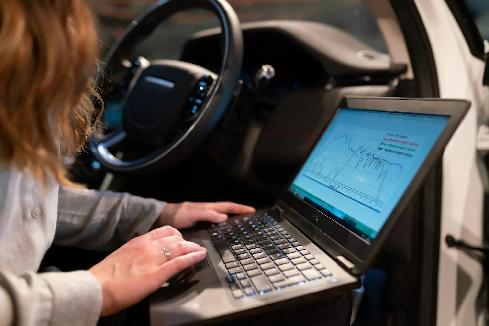 Diagnostic laptop connected to a vehicle's computer