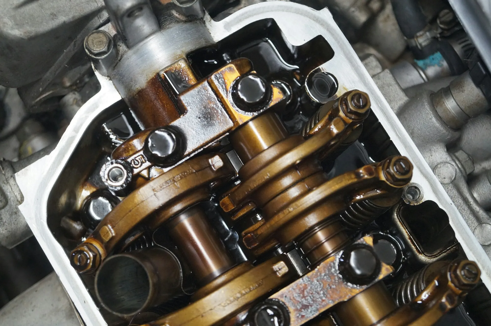 Close view of an engine's valve train and camshaft